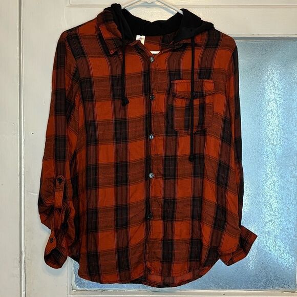 NOBO No Boundaries Juniors Orange and black button up plaid hoodie size m 7-9 - Picture 1 of 5